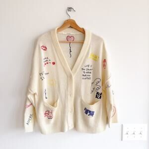 MaxMila Paris Whimsical Embroidered Button Front Cardigan Sweater Cream